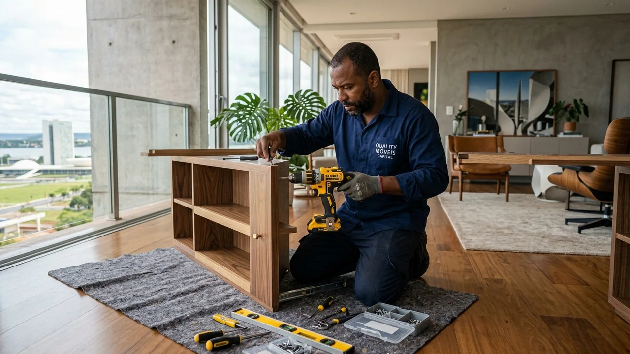 Montador profissional da Quality Móveis DF montando móvel de alto padrão com parafusadeira DeWalt