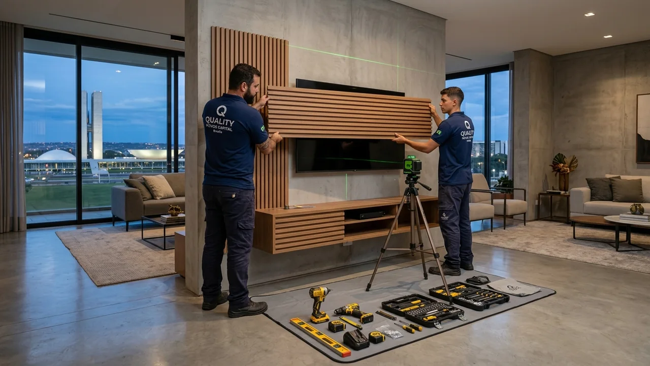 Técnicos uniformizados da Quality Móveis DF instalando painel de TV com nível a laser no DF